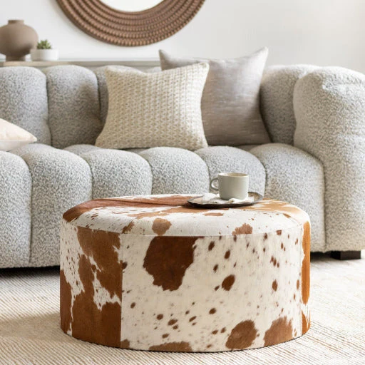 Surya Abilene Modern Rustic Hair On Hide Leather Round Ottoman AIB-001 - Image 6