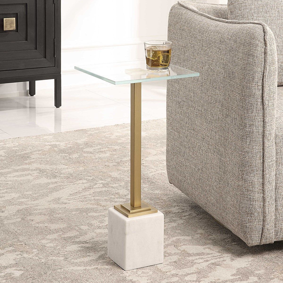 Casa Bella Living Tempered Glass Top With Brushed Brass and White Marble Base Drink Accent Table