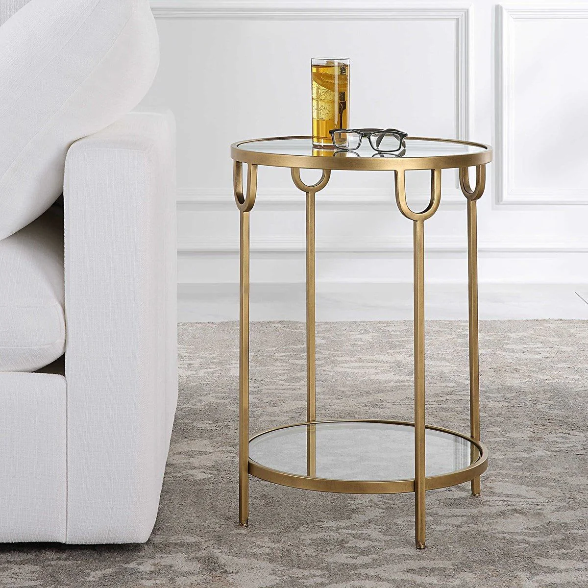 Casa Bella Living Mirrored Top and Glass Shelf With Antique Gold Iron Base Round Side Table