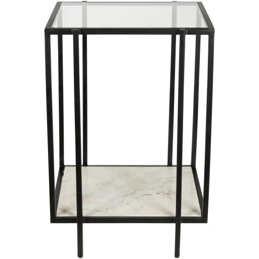 Surya Alecsa Modern Glass Top & Black Metal Base With Marble Shelf Bottom Accent Side Table EAA-007 - Image 5