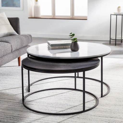 Surya Alexine Modern White & Black Marble Top With Black Metal Base Round Nesting Coffee Tables XLE-001