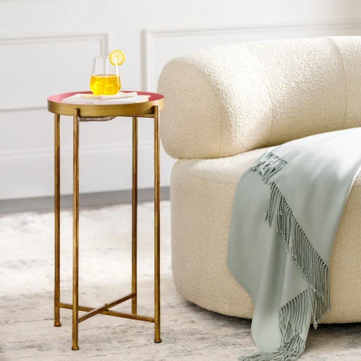Surya Allenbury Modern Pink Tray Top With Gold Metal Base Round Accent Side Table AEU-002