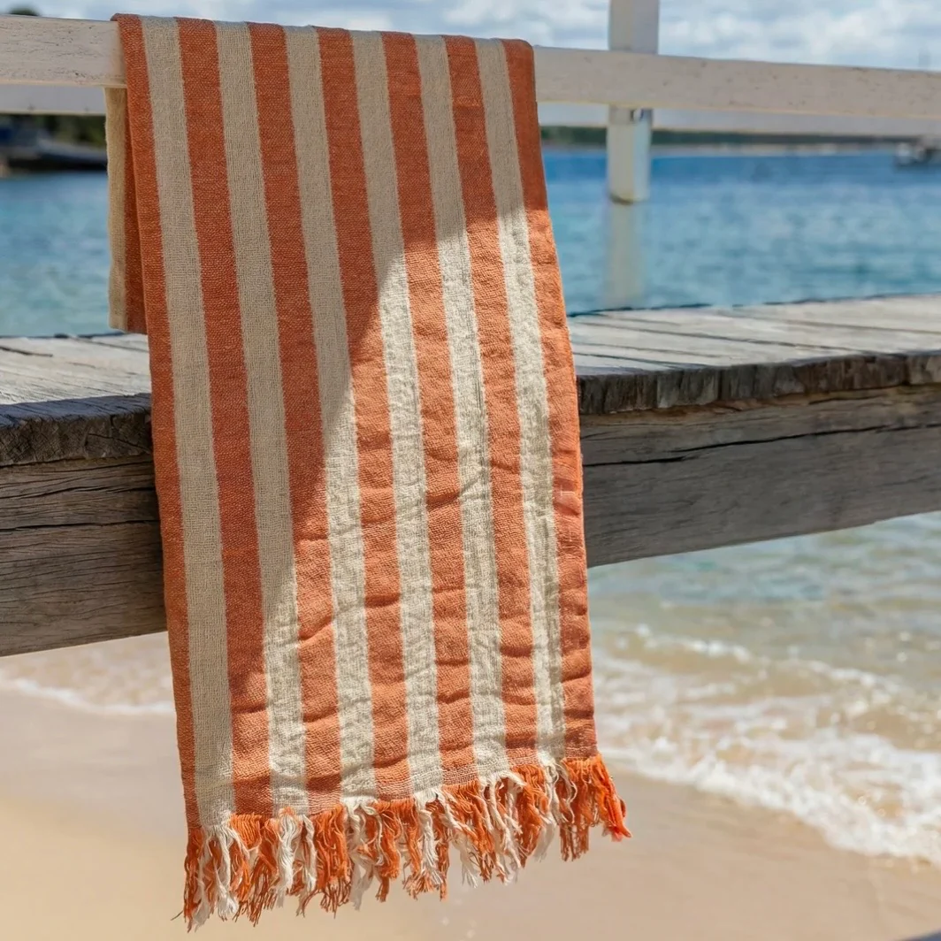Anaya Home Amalfi Stripe Turkish Cotton Towel ~ Orange