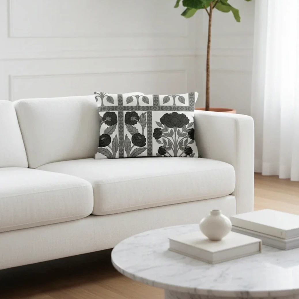 Anaya Home Blossom Feild Linen Pillow With Down Feather Insert ~ Black And White ~ Available In 14x20, 14x40, 20x20, 22x22, 26x26, And 28x36 - Image 7