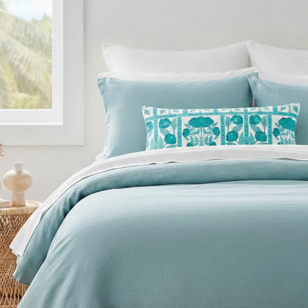 Anaya Home Blossom Feild Linen Pillow With Down Feather Insert ~ Teal ~ Available In 14x20, 14x40, 20x20, 22x22, 26x26, And 28x36 - Image 2
