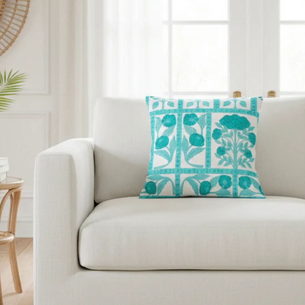 Anaya Home Blossom Feild Linen Pillow With Down Feather Insert ~ Teal ~ Available In 14x20, 14x40, 20x20, 22x22, 26x26, And 28x36 - Image 3