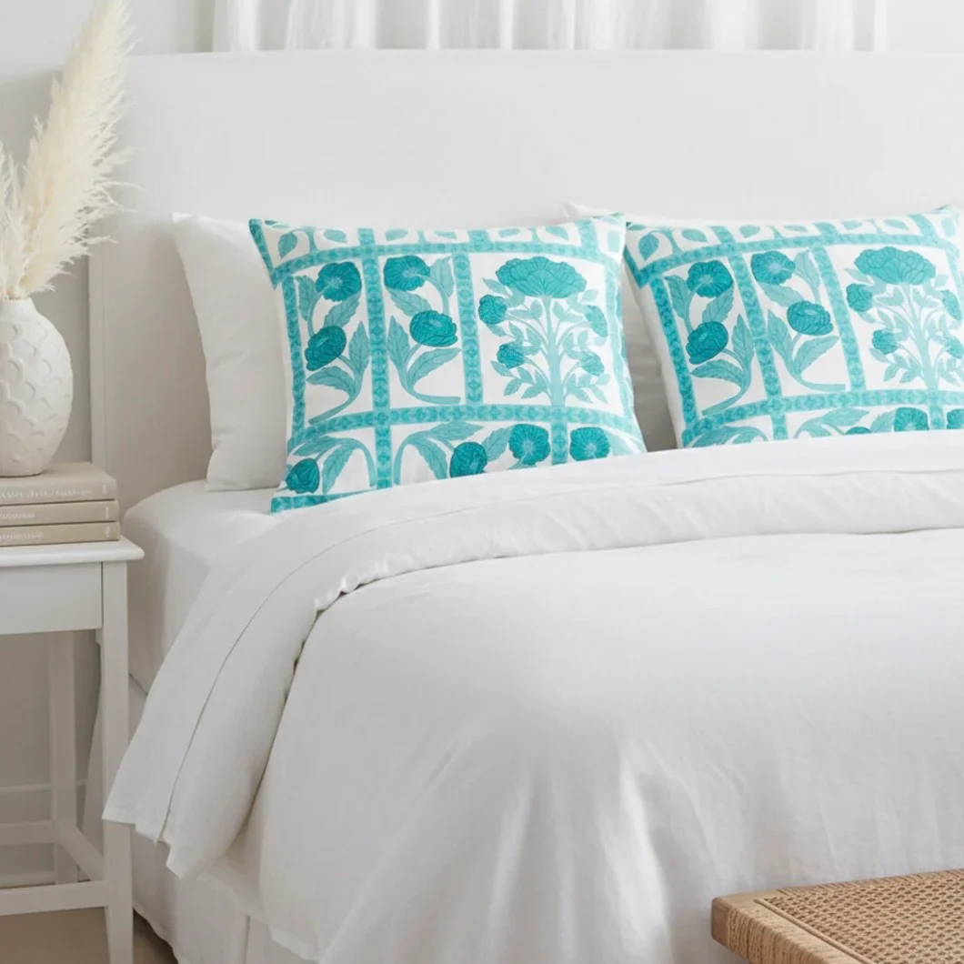 Anaya Home Blossom Feild Linen Pillow With Down Feather Insert ~ Teal ~ Available In 14x20, 14x40, 20x20, 22x22, 26x26, And 28x36 - Image 4