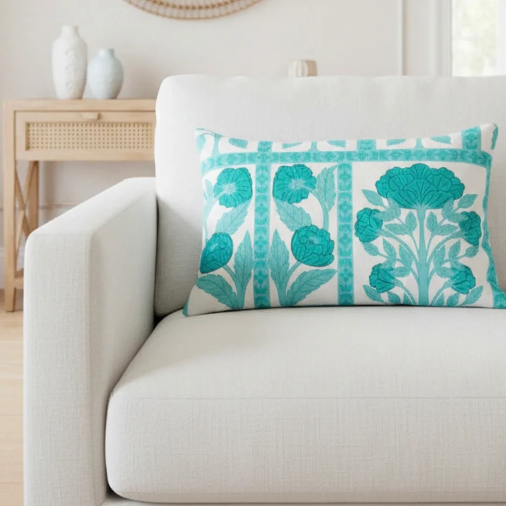 Anaya Home Blossom Feild Linen Pillow With Down Feather Insert ~ Teal ~ Available In 14x20, 14x40, 20x20, 22x22, 26x26, And 28x36 - Image 7