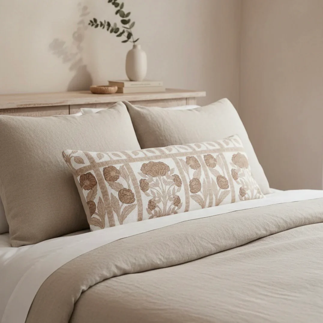 Anaya Home Blossom Feild Linen Pillow With Down Feather Insert ~ Warm Beige ~ Available In 14x20, 14x40, 20x20, 22x22, 26x26, And 28x36 - Image 2