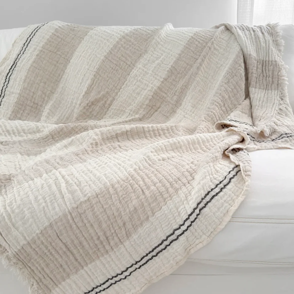 Anaya Home Crinkled Luxe Linen Stripe Throw ~ Ivory with Black Stripes ~ DREAMY BEDDING SALE ~ Limited Quantity - Image 3