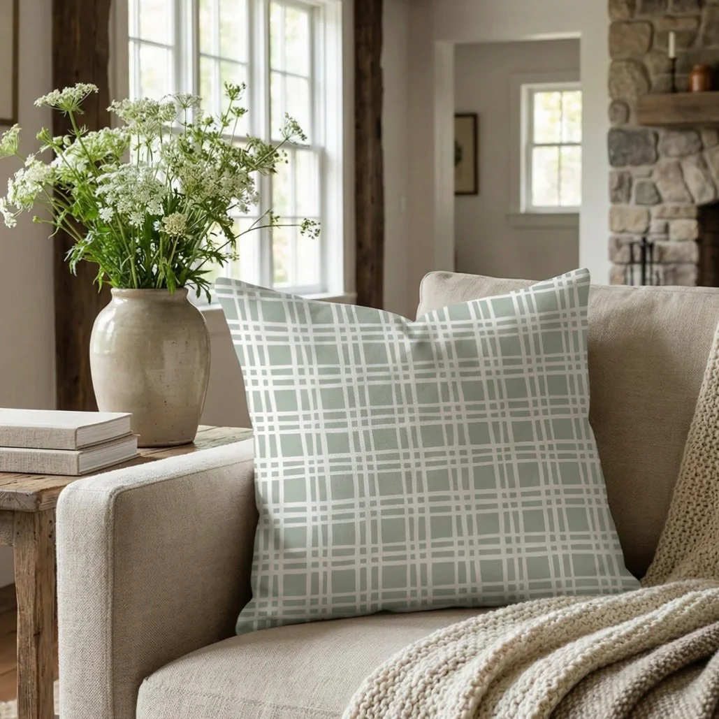 Anaya Home Estate Plaid Linen Pillow With Down Feather Insert ~ Sage Green ~ Available In 14x20, 14x40, 20x20, 22x22, 26x26, And 28x36 - Image 3