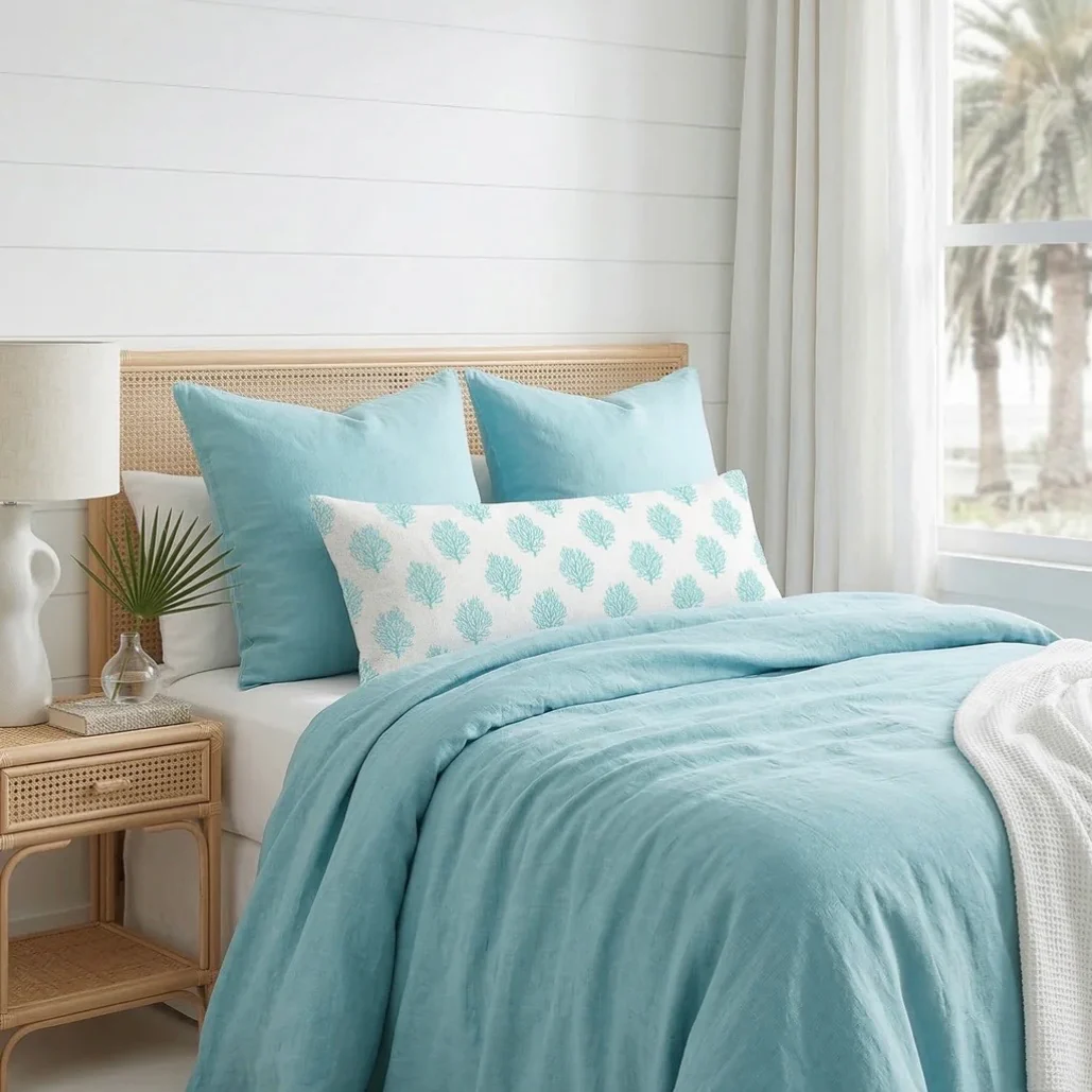 Anaya Home Ocean Coral Linen Pillow With Down Feather Insert ~ Aqua Blue ~ Available In 14x20, 14x40, 20x20, 22x22, 26x26, And 28x36 - Image 2