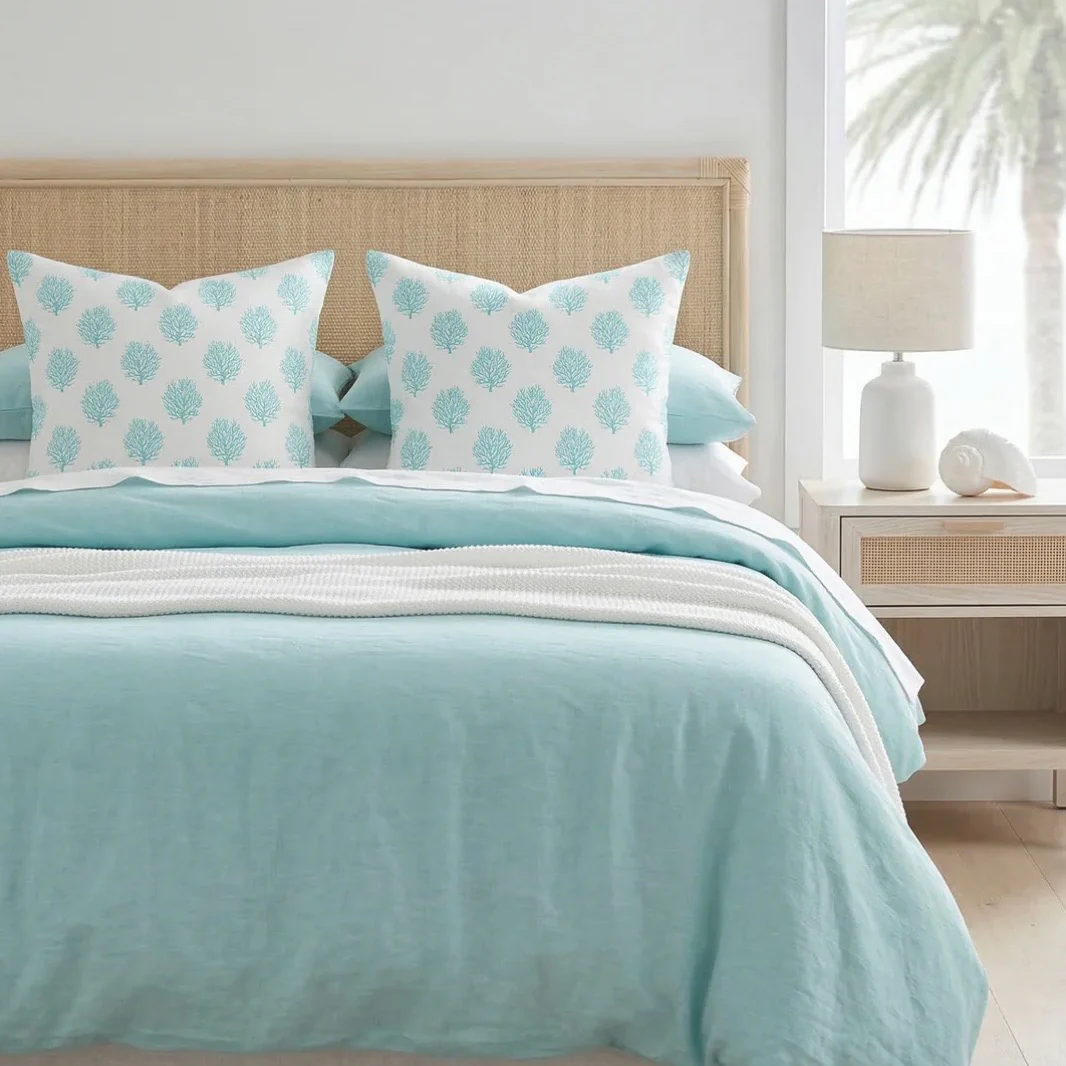 Anaya Home Ocean Coral Linen Pillow With Down Feather Insert ~ Aqua Blue ~ Available In 14x20, 14x40, 20x20, 22x22, 26x26, And 28x36 - Image 5