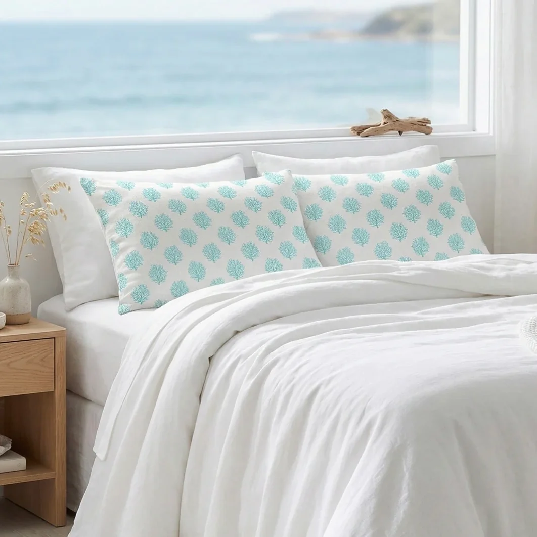 Anaya Home Ocean Coral Linen Pillow With Down Feather Insert ~ Aqua Blue ~ Available In 14x20, 14x40, 20x20, 22x22, 26x26, And 28x36 - Image 6