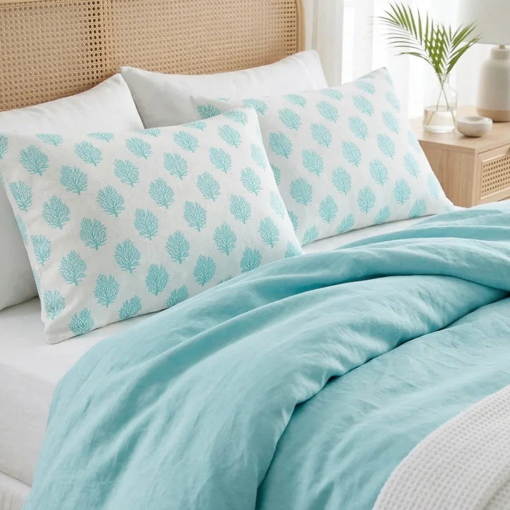Anaya Home Ocean Coral Linen Pillow With Down Feather Insert ~ Aqua Blue ~ Available In 14x20, 14x40, 20x20, 22x22, 26x26, And 28x36 - Image 7