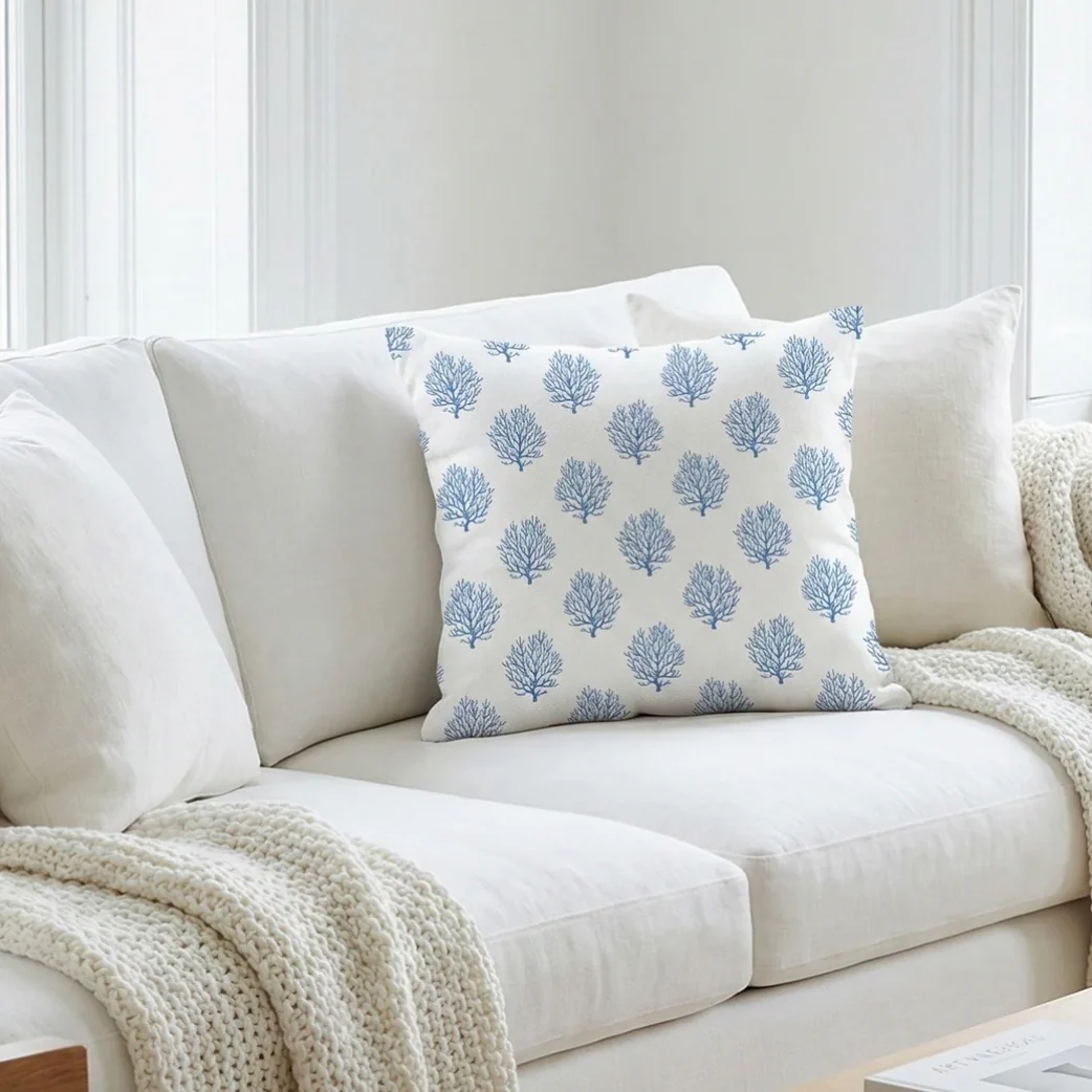 Anaya Home Ocean Coral Linen Pillow With Down Feather Insert ~ Cobalt Blue ~ Available In 14x20, 14x40, 20x20, 22x22, 26x26, And 28x36 - Image 3