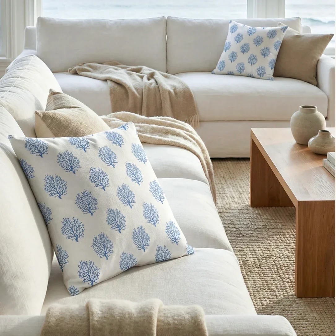 Anaya Home Ocean Coral Linen Pillow With Down Feather Insert ~ Cobalt Blue ~ Available In 14x20, 14x40, 20x20, 22x22, 26x26, And 28x36 - Image 4