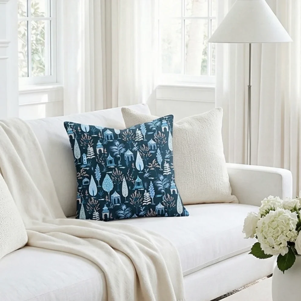 Anaya Home Pagoda Charm Linen Pillow With Down Feather Insert ~ Navy Blue ~ Available In 14x20, 14x40, 20x20, 22x22, 26x26, And 28x36 - Image 3