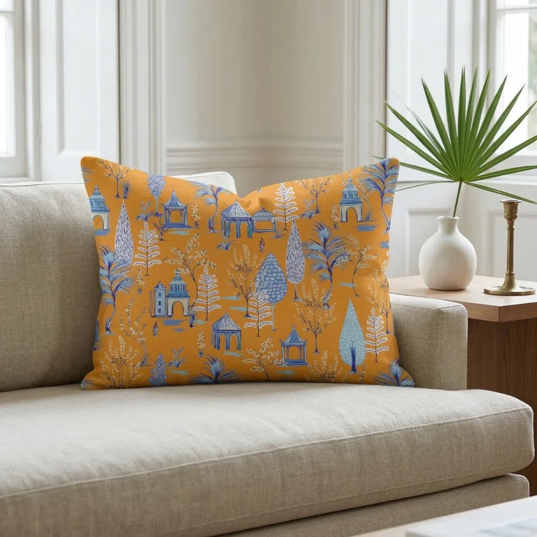 Anaya Home Pagoda Charm Linen Pillow With Down Feather Insert ~ True Orange ~ Available In 14x20, 14x40, 20x20, 22x22, 26x26, And 28x36 - Image 6