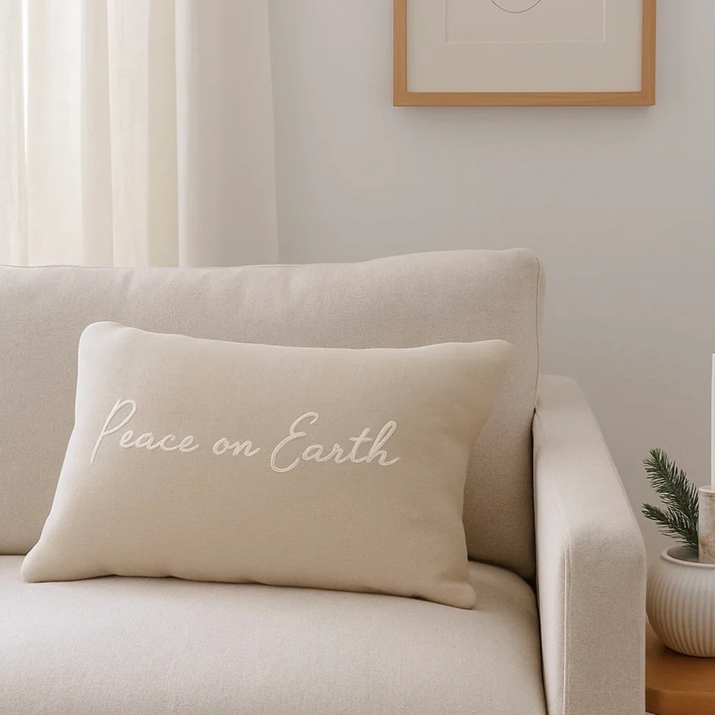 Anaya Home Peace On Earth Linen 14 x 20 Holiday Pillow ~ Natural Beige - Image 2
