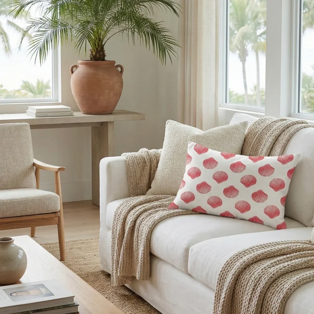 Anaya Home Retro Shell Linen Pillow With Down Feather Insert ~ Coral Red ~ Available In 14x20, 14x40, 20x20, 22x22, 26x26, And 28x36