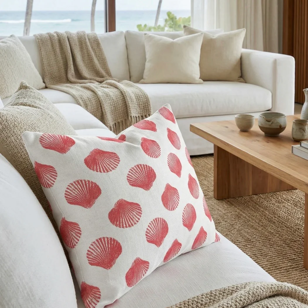 Anaya Home Retro Shell Linen Pillow With Down Feather Insert ~ Coral Red ~ Available In 14x20, 14x40, 20x20, 22x22, 26x26, And 28x36 - Image 3