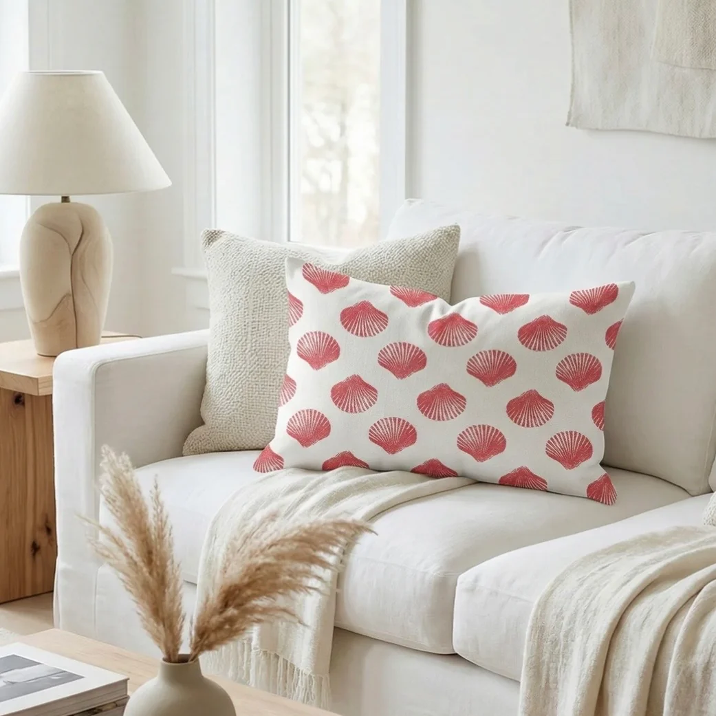 Anaya Home Retro Shell Linen Pillow With Down Feather Insert ~ Coral Red ~ Available In 14x20, 14x40, 20x20, 22x22, 26x26, And 28x36 - Image 7