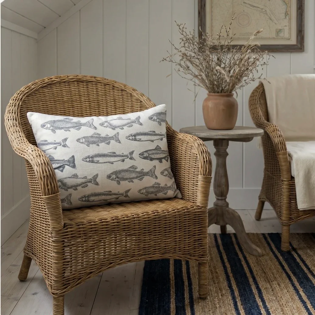 Anaya Home School Of Fish Linen Pillow With Down Feather Insert ~ Grey ~ Available In 14x20, 14x40, 20x20, 22x22, 26x26, And 28x36