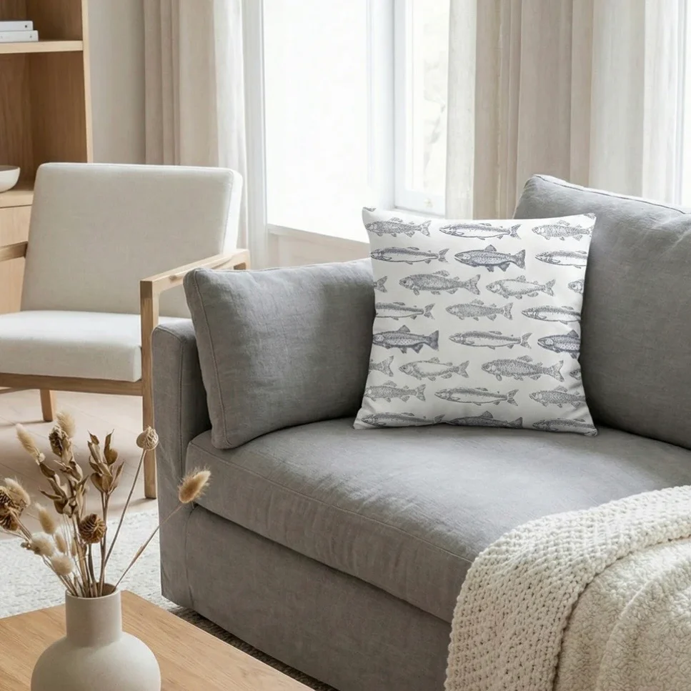 Anaya Home School Of Fish Linen Pillow With Down Feather Insert ~ Grey ~ Available In 14x20, 14x40, 20x20, 22x22, 26x26, And 28x36 - Image 3