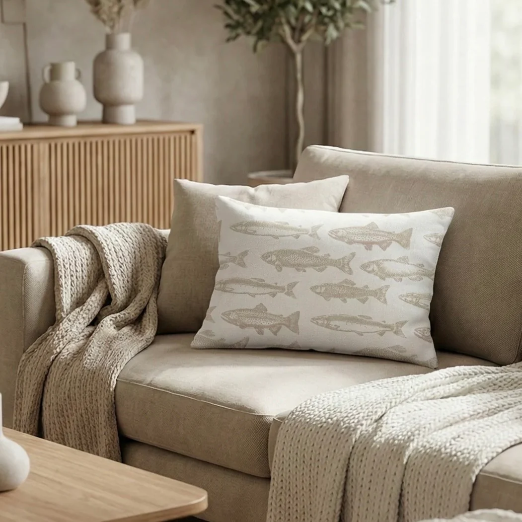 Anaya Home School Of Fish Linen Pillow With Down Feather Insert ~ Natural Beige ~ Available In 14x20, 14x40, 20x20, 22x22, 26x26, And 28x36