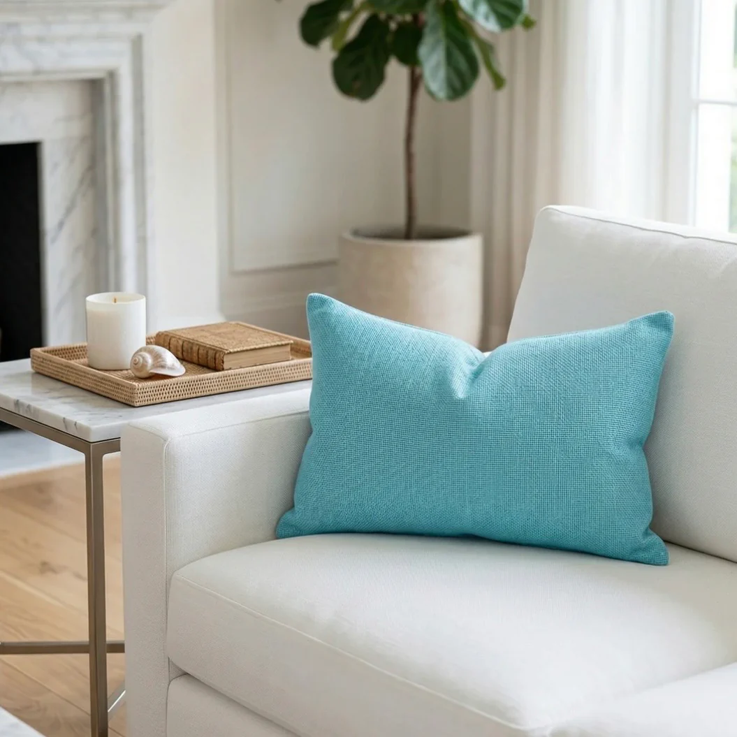 Anaya Home So Soft Linen Caribbean Blue Lumbar Pillow 14x40 With Down Insert