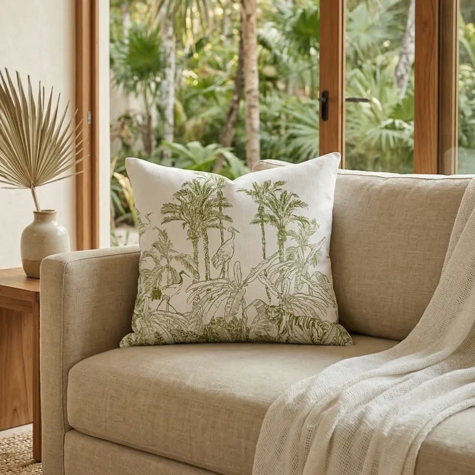Anaya Home Wildlife Toile Linen Pillow With Down Feather Insert ~ Pure Green ~ Available In 14x20, 14x40, 20x20, 22x22, 26x26, And 28x36 - Image 3