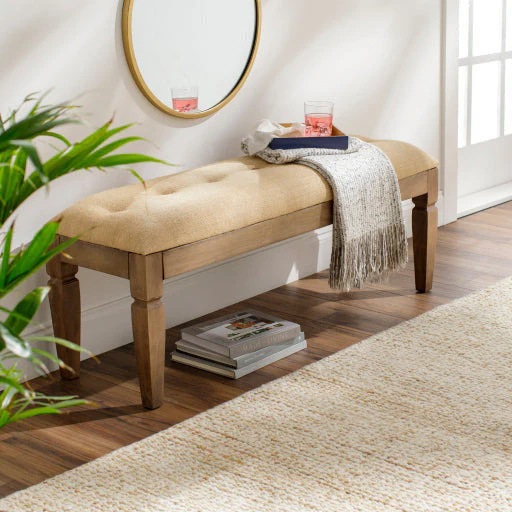 Surya Ansonia Rustic Modern Faux Leather Tufted Bench With Natural Wood Base  AIA-002