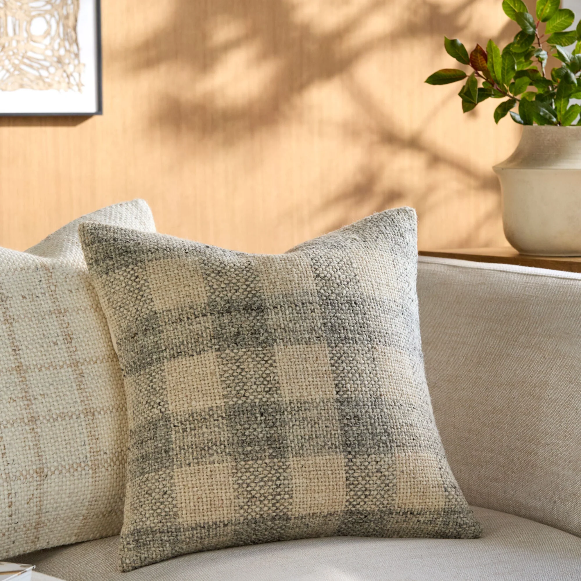 Becki Owens x LIVABLISS Ladera Pillow in Cream and Dove Gray Check