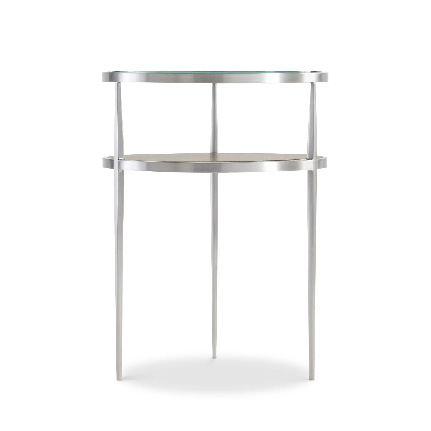 Bernhardt Cornelia Collection Round Accent Table ~ Brushed Stainless Steel and Nebbia Wood Finish - Image 5