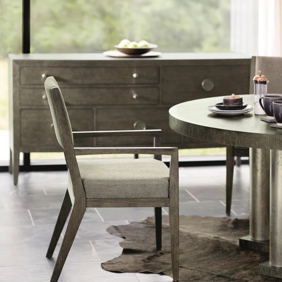 Bernhardt Linea Collection Round Dining Table ~ Cerused Charcoal Finish With Textured Graphite Base - Image 3