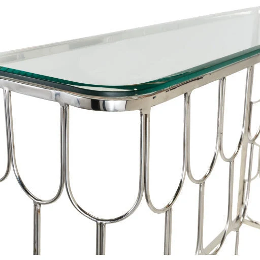 Surya Cage Modern Glass Top With Silver Stainless Steel Base Console Table GEA-003 - Image 3