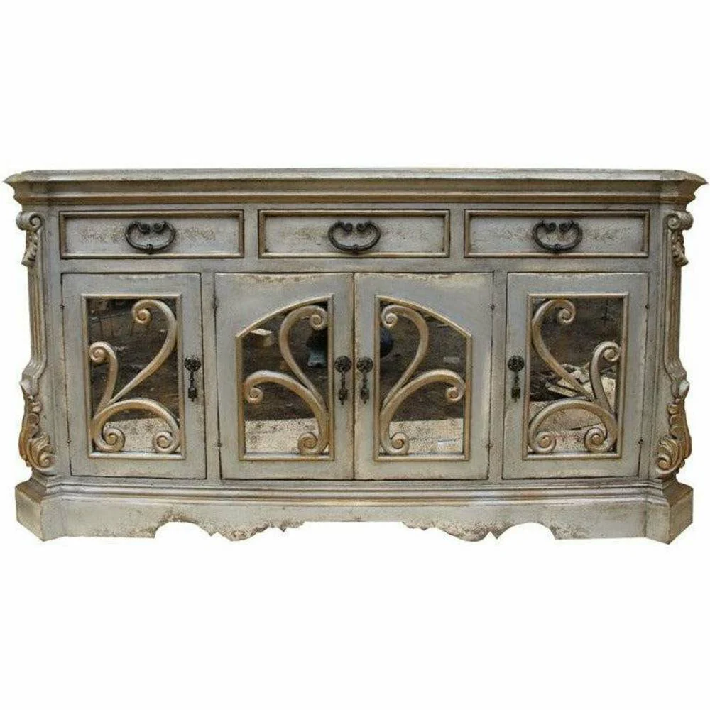 Casa Bonita Peruvian Hand-Painted Carved Wood and Antiqued Mirror Grandeur Buffet