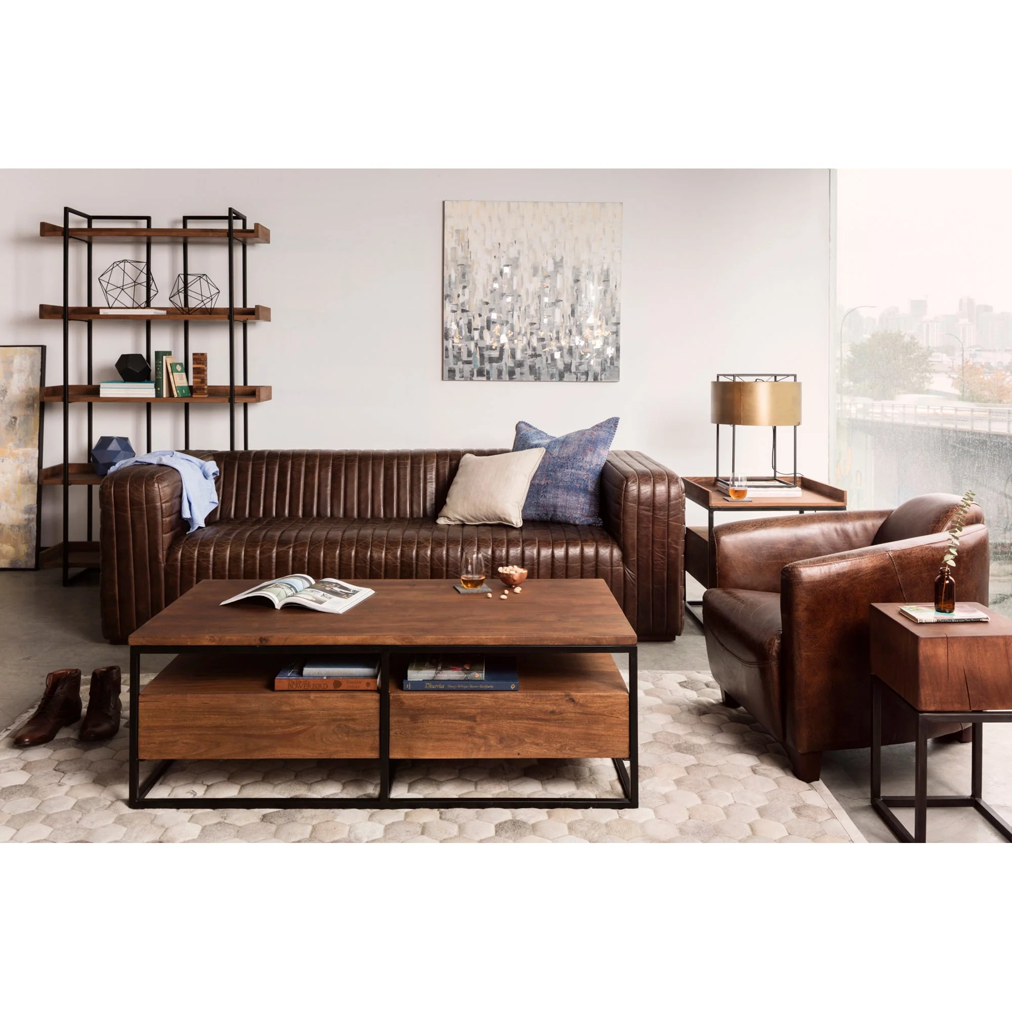 Moe's Home Collection Castle Channel Stiched Dark Brown Leather Sofa