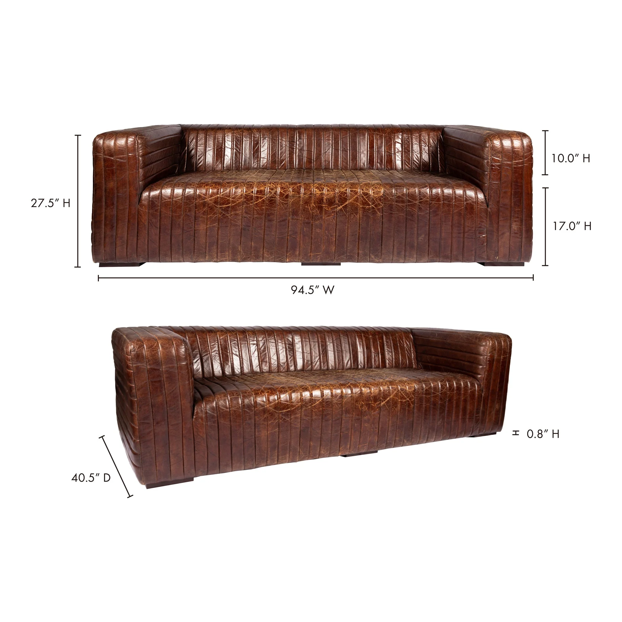 Moe's Home Collection Castle Channel Stiched Dark Brown Leather Sofa - Image 8