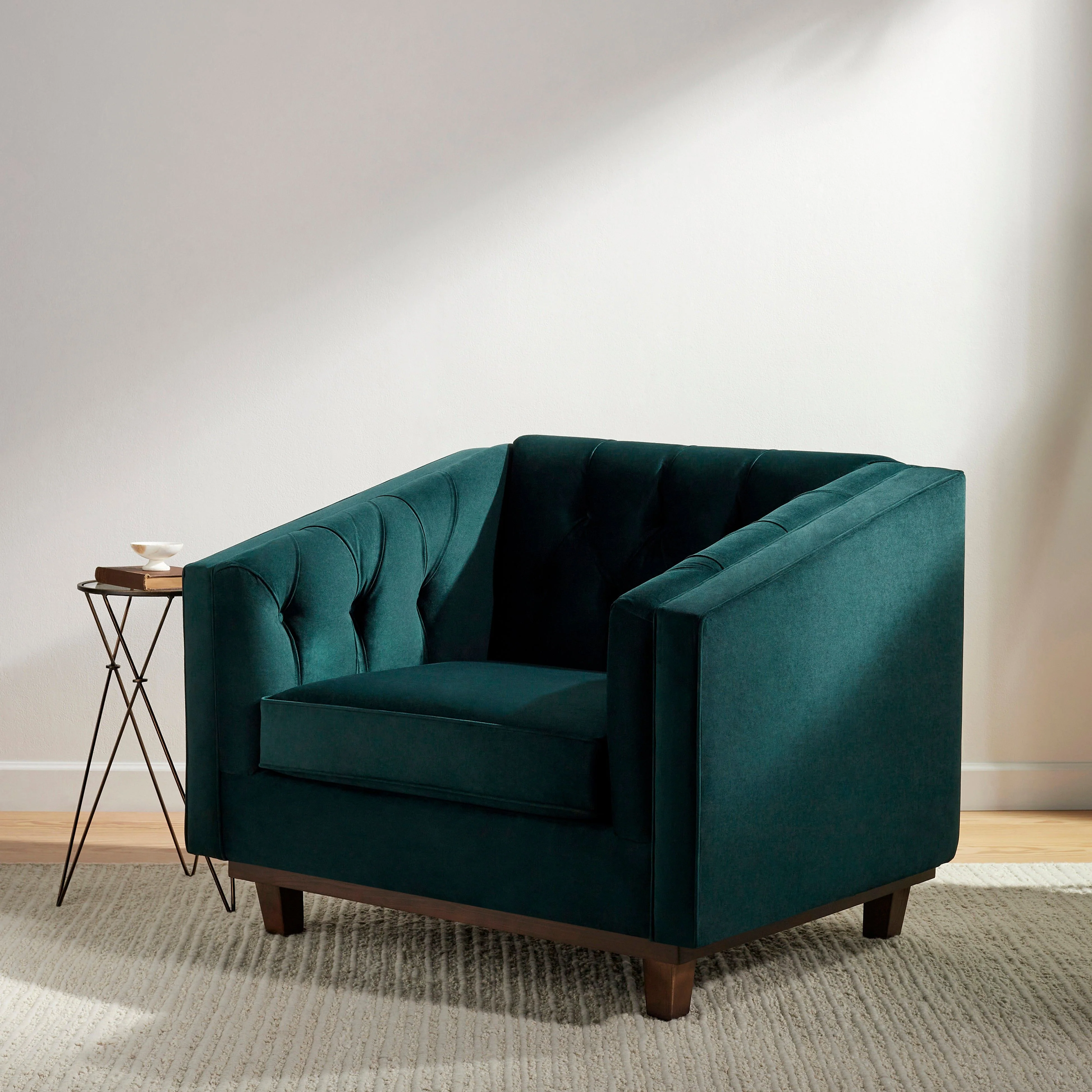 Surya Cheviot Modern Velvet Tufted Accent Chair With Wood Base - Image 3