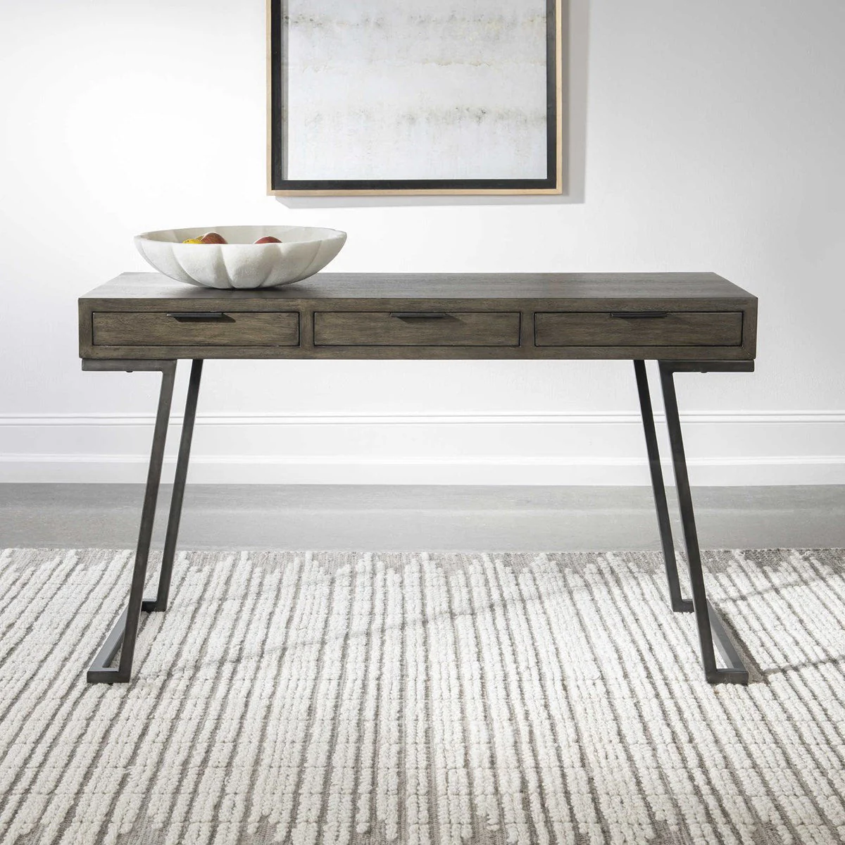 Uttermost Comrade Light Gray Glazing Mango Wood With Aged Steel Metal Rustic Modern Desk - Image 2