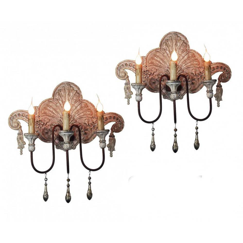 Provence Home Set of 2 Distressed French Grey & Silver Carved Wood Antiqued Metal Wall Sconces