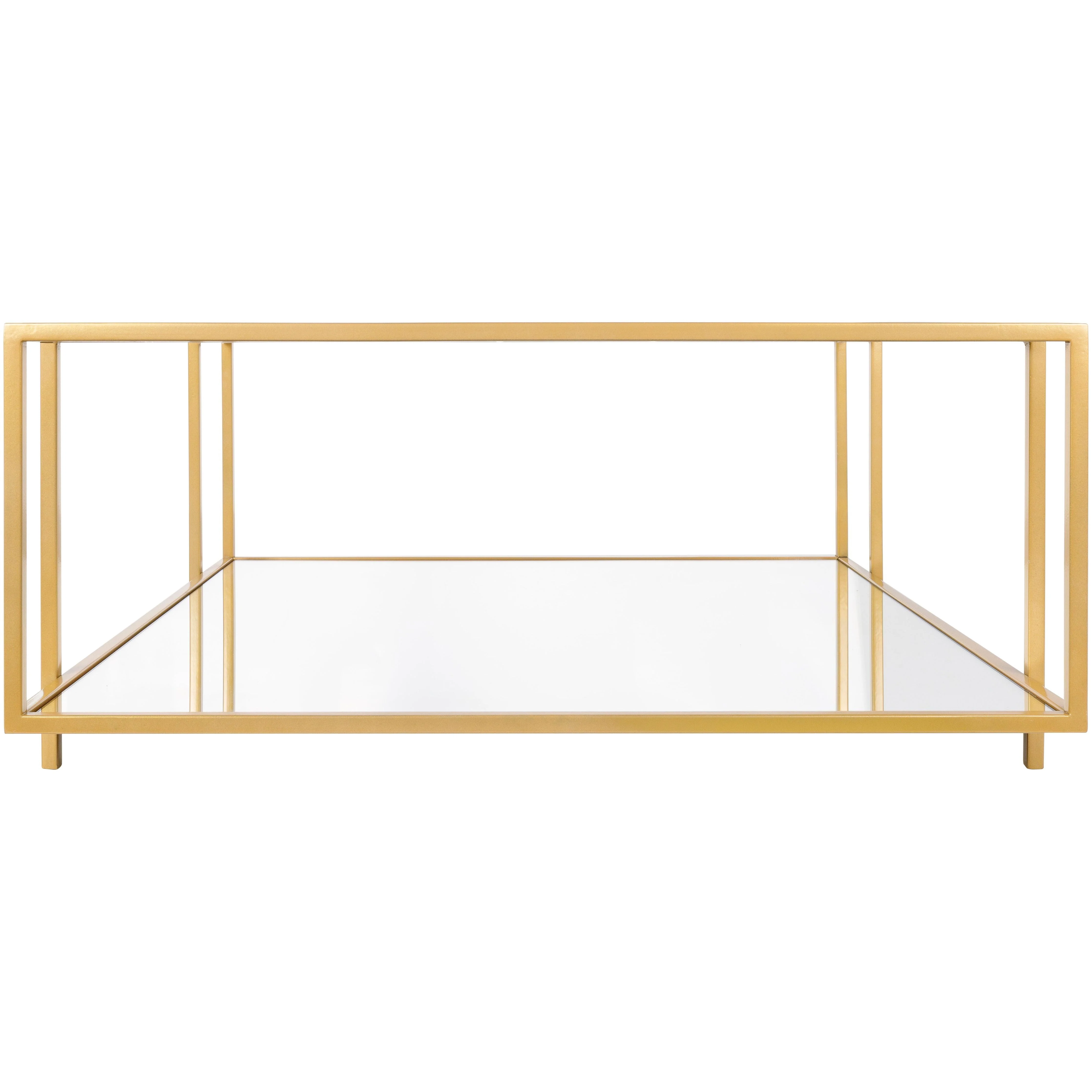 Surya Alecsa Modern Glass Top With Wood & Gold Metal Mirrored Base Square Coffee Table EAA-011 - Image 3