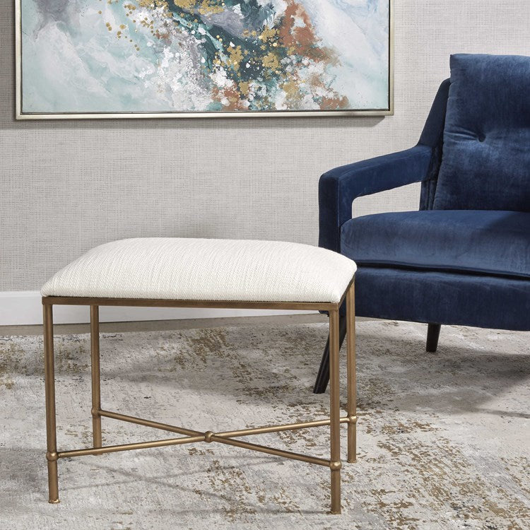 Uttermost Avenham Textured White Fabric Cushion Seat Gold Iron Small Bench - Image 2
