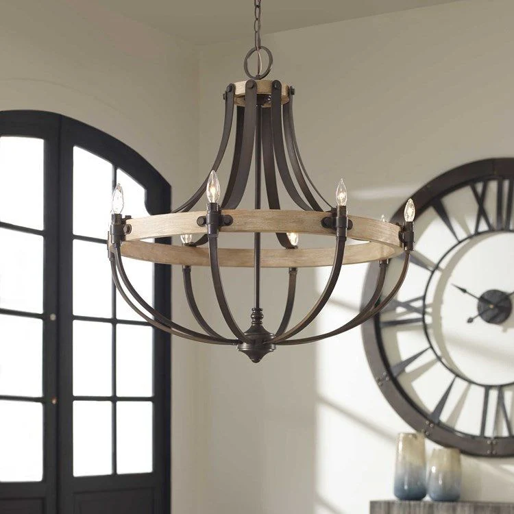 Uttermost Dubois Natural Oak and Bronze Metal Frame Empire Shaped 8 Light Chandelier - Image 3