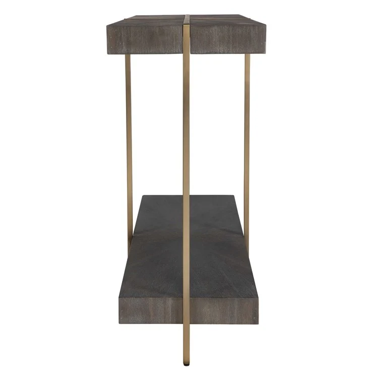 Uttermost Taja Gray Glazed Walnut Stain With Brushed Brass Base Contemporary Console Table - Image 5