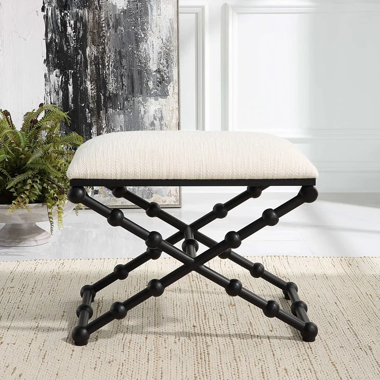 Uttermost Iron Drops Textured White Performance Fabric Seat Modern Black Iron Small Bench
