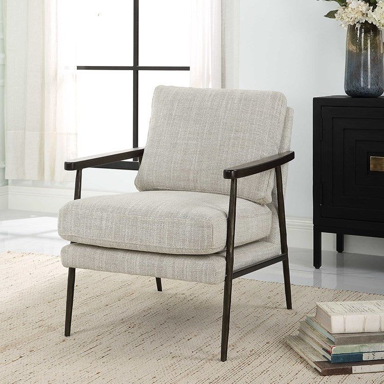 Uttermost Sebastian Ivory and Beige Fabric With Dark Bronze Iron Accent Chair