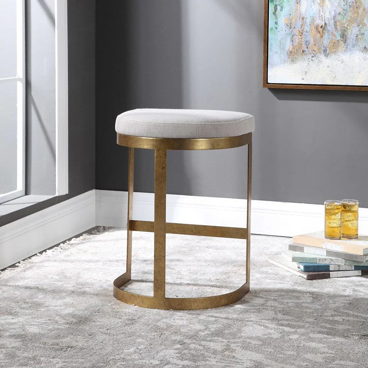 Uttermost Ivanna Off White Linen Performance Fabric Counter Stool With Antiqued Gold Iron Base - Image 4